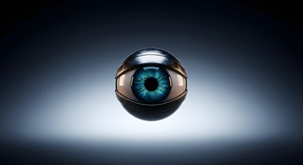 Highly detailed digital illustration of a futuristic, metallic robotic eye or surveillance orb with a vibrant blue iris on a dramatic dark background.