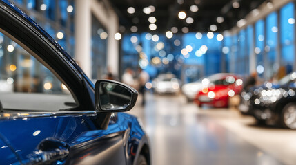 Close-up angle of car door panel inside a lively dealership showroom, reflections of bright lights and nearby cars on glossy paint, background filled with motion, conversation, and