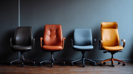 Awesome photo of four empty modern office chairs in a row against a dark grey wall.
