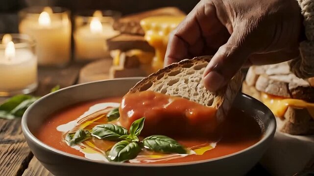 Hand dipping crusty bread into creamy tomato soup bowl in cozy rustic candlelight