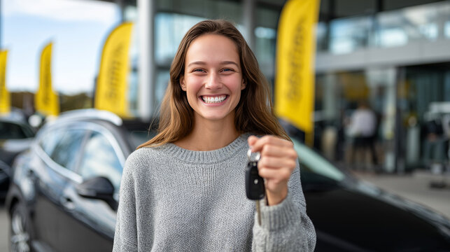 Joyful woman standing next to a newly purchased car, keys held forward in a celebratory gesture, dealership banners and polished vehicles surrounding her, dynamic composition captu - Powered by Adobe