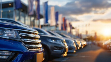 Clean rows of pre-owned sedans, SUVs, and compact cars on a dealership lot, sunlight casting long reflections on bodywork, flags and signage creating a lively and trustworthy used