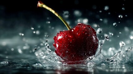Cherry splashing in water with droplets creating ripples and a dynamic scene of freshness and vitality captured in detail