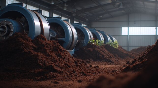 Medium shot capturing the mixing and drying process of granule biosolid fertilizer in large rotating drums emphasizing sustainable waste recycling.