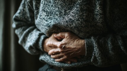 Elderly Person Clutching Stomach in Pain or Illness