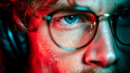 Close-up of a person's eye showcasing focus and intensity, featuring a stylish look with glasses and colorful lighting in the background