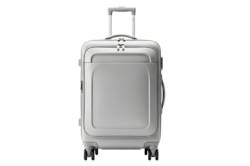 Modern light gray hardshell carryon suitcase with telescopic handle, isolated on white isolated on transparent background