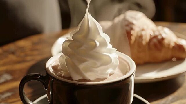 Close up piping whipped cream on hot chocolate with croissant in cozy cafe