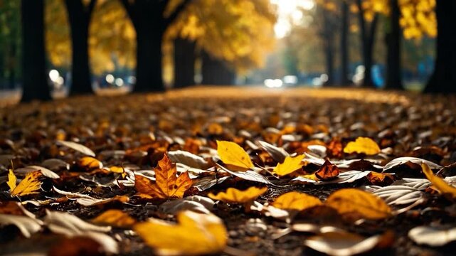 Video Park scene with layng leaves on the ground, perfect for nature, autumn or fall themed projects