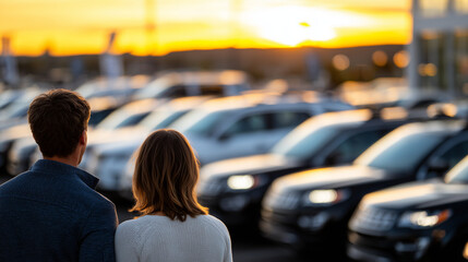 Back view of couple in casual clothes inspecting a used station wagon, rows of cars forming leading lines, bold reflections in side panels, soft shadows adding contrast, atmosphere