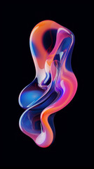 Shiny fluid 3D motion shape with holographic tones on black for modern graphics