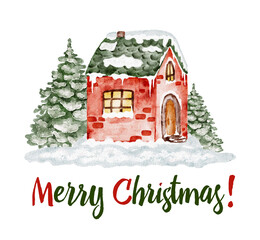 Watercolor Christmas greeting card with snowy house and trees, text Merry Christmas.