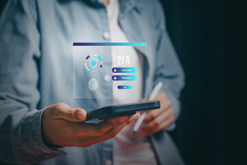 Authentication security concept, person holding smartphone with digital 2FA login interface and fingerprint icon, identity verification workflow, data protection, secure access management.