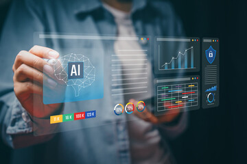 AI analytics concept, person using stylus with digital dashboard showing performance charts, data processing workflow, automation enhancement, strategic decision support.