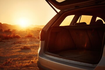 Sunlight Shining Through Open Car Trunk on Deserted Road