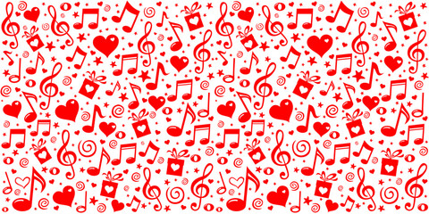 Happy St. Valentine's Day! Horizontal posters, greeting cards, header, website.  Abstract background with musical notes, gift box, heart. Seamless pattern wallpaper. Vector Illustration