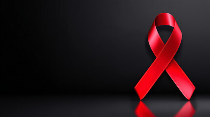 Glossy red awareness ribbon - World AIDS Day, floating in clean minimal space with subtle particles, ideal for health campaigns, prevention posters, medical presentations and social awareness