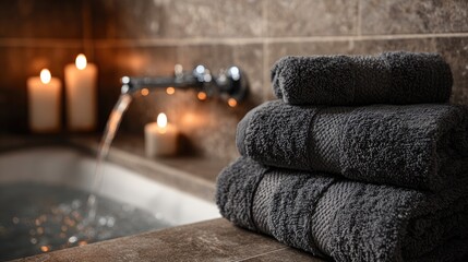 Luxury Spa Bathroom with Rolled Towels, Candles and Bathtub
