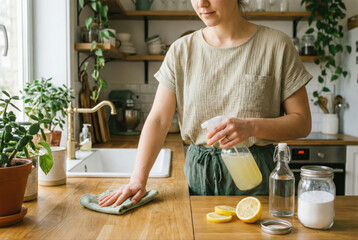 Femme nettoyant son plan de travail avec un spray nettoyant naturel fait maison au citron et vinaigre