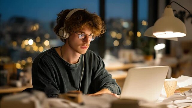 A creative professional editing digital artwork at midnight with a warm desk lamp, scattered sketches, empty coffee mugs, and headphones beside the laptop &mdash; authentic late-night design hustle,