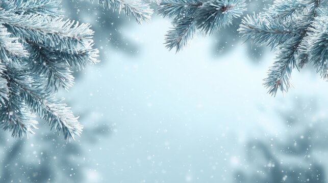 Winter background with snowflakes and frosted pine branches, holiday greeting card with space for text - Powered by Adobe