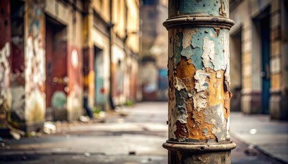 Weathered pole displays peeling paint surface shows distressed layers revealing underlying material