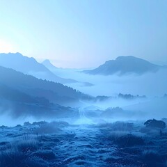 Fototapeta premium Misty Mountain Landscape at Dawn with Blue Hues and Foggy Valleys