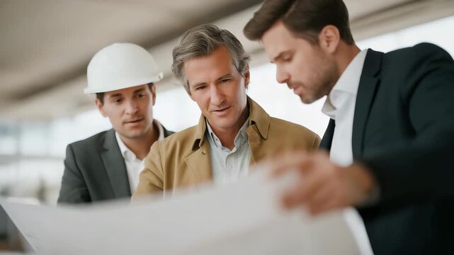 A real estate developer and engineer discussing zoning maps and environmental layout, highlighting teamwork, project coordination, and long-term community planning. cinematic color correction,
