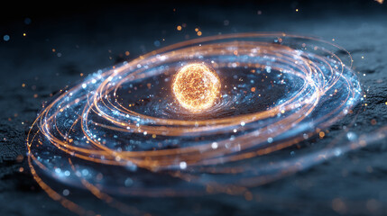 A celestial object surrounded by swirling energy in a dark space, radiating light