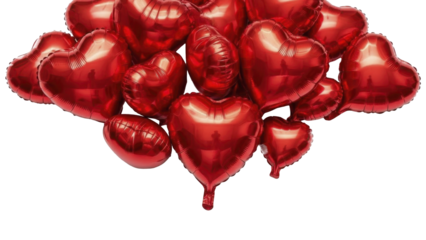 Romantic vibrant red heart shaped metallic foil balloons arranged for celebration on a transparent background, PNG image, PNG file