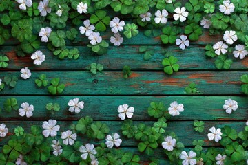Top View of Green Clover Leaves and White Flowers on Rustic Wooden Background