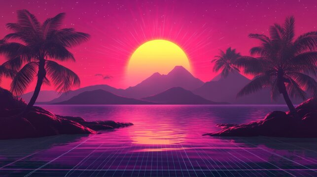 Vibrant sunset over tropical ocean with palm trees and grid pattern.