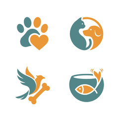 Modern vector pet animal logo collection featuring paw, dog, cat, and fish designs, perfect for care brands, veterinary clinics, or animal rescue organizations with a friendly, simple style.