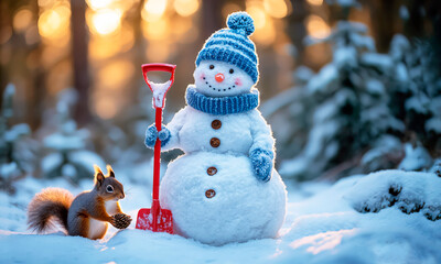 A Christmas scene with a cute snowman in a knitted hat holding a snow shovel and a fluffy squirrel nearby in a snowy winter forest.
