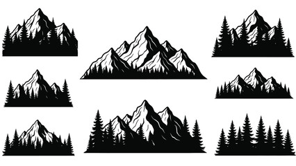 A collection of black and white mountain range illustrations with evergreen trees © Nasima