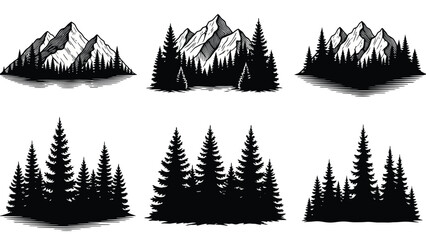 Black and white illustrations of mountains and coniferous trees in a minimalist style © Nasima
