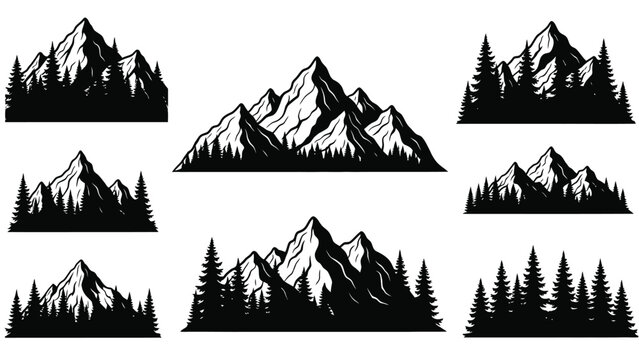 A collection of black and white mountain range illustrations with evergreen trees