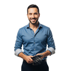 Obraz premium A smiling middle aged man wearing a blue denim shirt holding a wallet in his hands isolated on transparent background