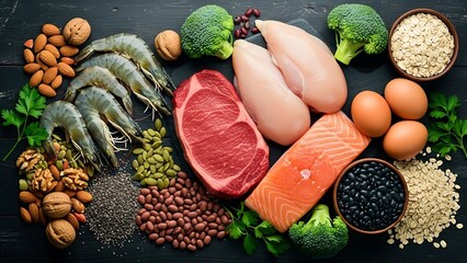 Assortment of highprotein foods meat, fish, eggs, nuts, and grains