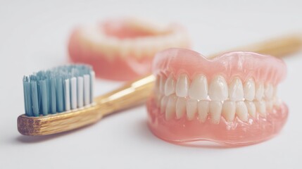 Obraz premium Oral Health Image with Dentures and Manual Toothbrush