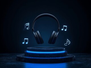 Modern headphones floating above a glowing blue platform with music notes