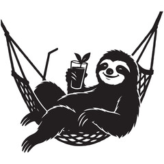 Naklejka premium Relaxed sloth enjoying a drink while resting gently in hammock.