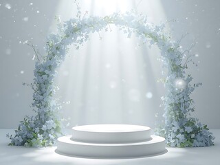 Elegant wedding arch and pedestal with soft light and falling petals