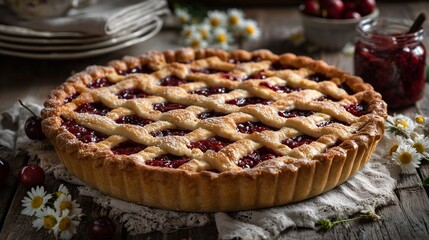 Traditional Italian crostata with ricotta and sour cherries, featuring a golden lattice crust on rustic background. Ideal for commercial image, menu, recipe book and cooking blog or web site