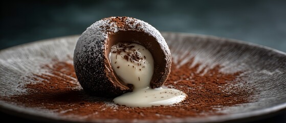 Traditional Italian tartufo di Pizzo: chocolate ice cream sphere with melted core and cocoa dusting. Ideal for commercial image, menu, recipe book and cooking blog or web site
