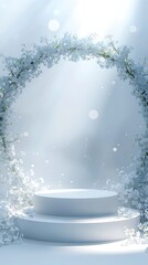 Winter wonderland stage with snowflakes and floral arch