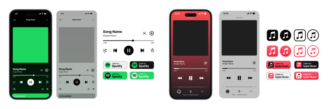 Spotify Apple Music Player layout showing play, pause, song, singer, playback time, and Listen on logo in detailed modern streaming interface vector illustration