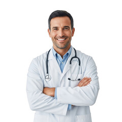 Fototapeta premium Smiling male physician wearing a white lab coat and stethoscope with arms crossed isolated on transparent background