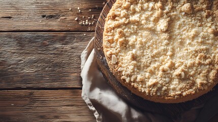 Sbrisolona almond crumble cake with a golden crispy texture on wooden background with empty space. Ideal for commercial image, menu, recipe book and cooking blog or web site