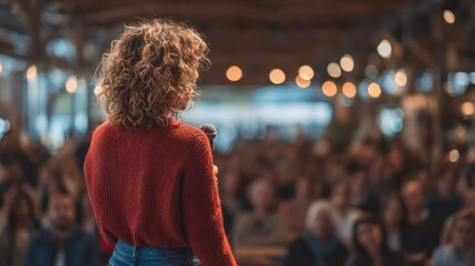Woman Leader Delivering Inspiring Presentation to Engaged Crowd